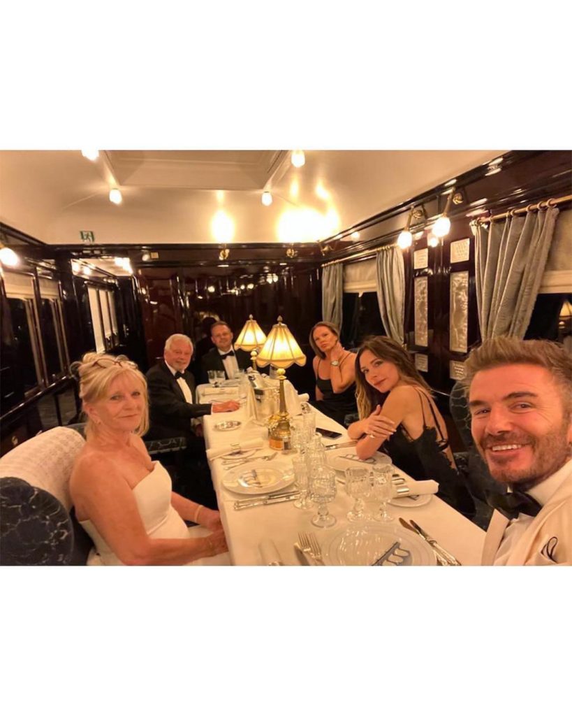 Victoria and David Beckham on board VSOE train