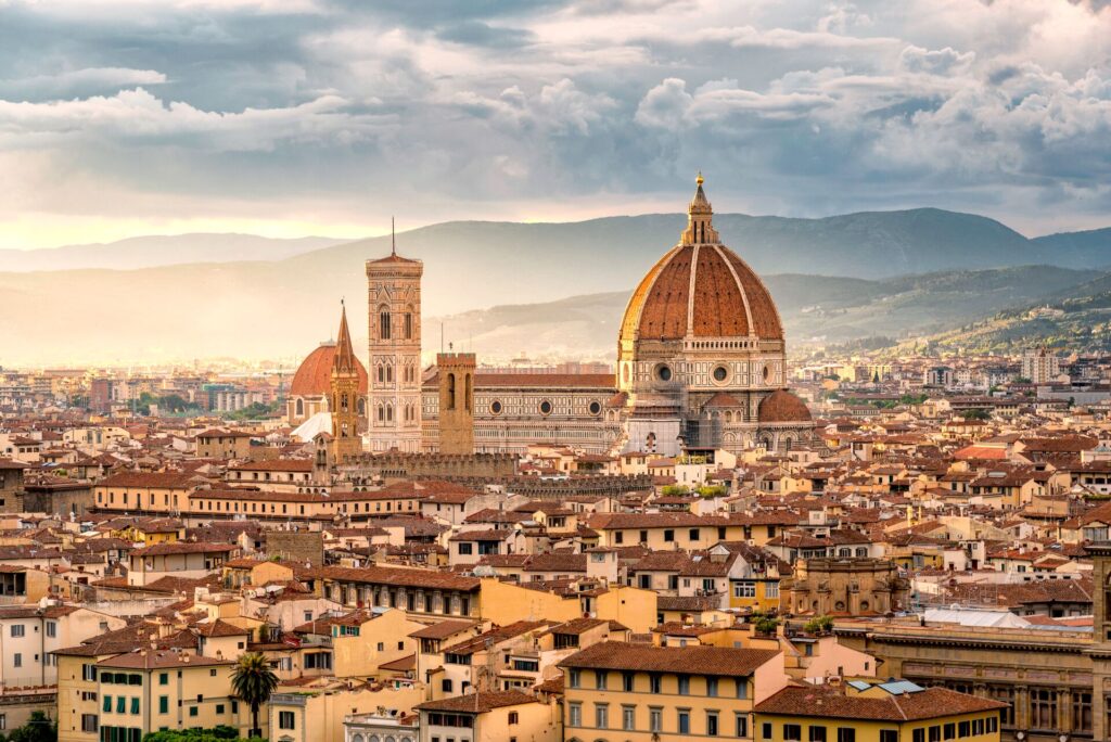 Beautiful sunset cityscape view of the Santa maria nouvelle Duomo and the town of Florence, in the Italian Tuscany