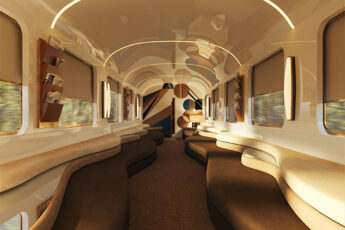 Image of lounge on Orient Express Dolce Vita, with sn=mooth lines and natural furnishings evoking the spirit of Italy