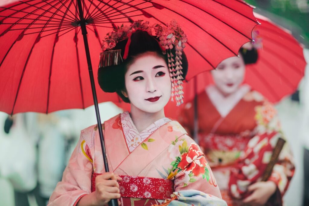 Geisha women wearing kimonos in Japan