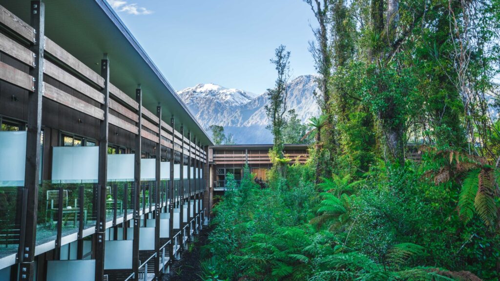 Exterior shot of the Te Waonui Lodge in New Zealand