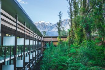 Exterior shot of the Te Waonui Lodge in New Zealand