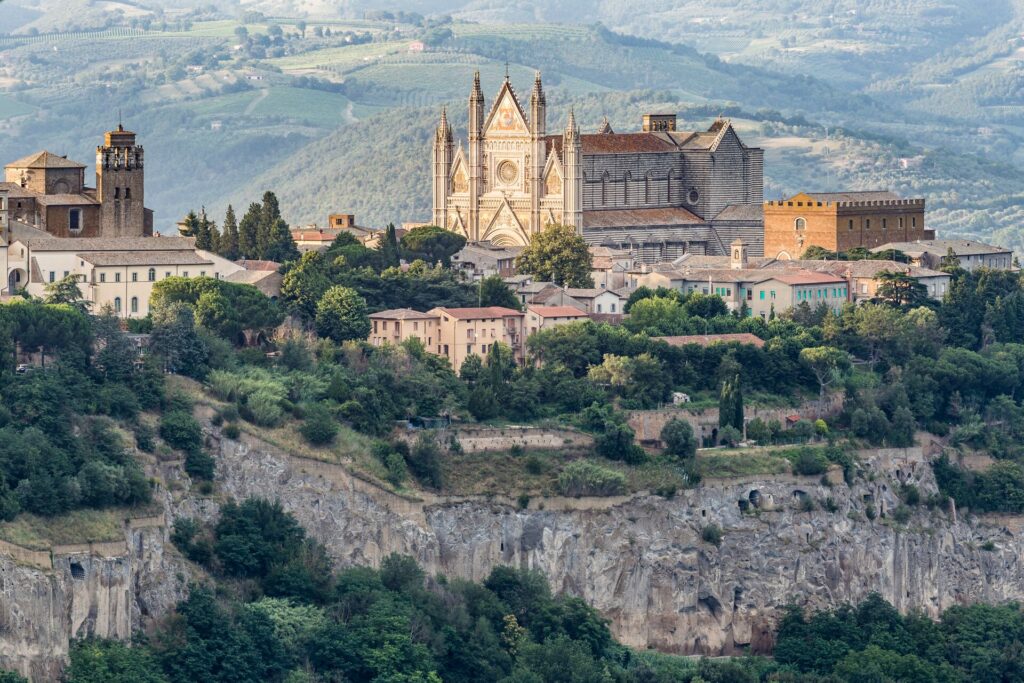 The Duomo di Orvieto sits on a hilltop in Umbria, Italy, a renowned truffle hunting region.