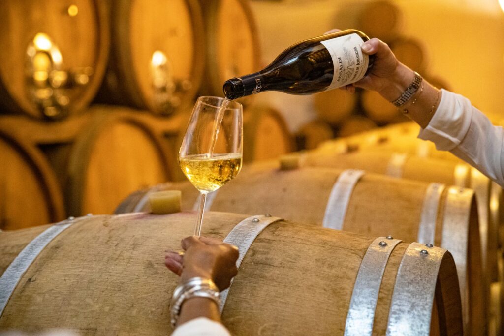 A glass of white wine is poured in a wine cellar full of barrels.