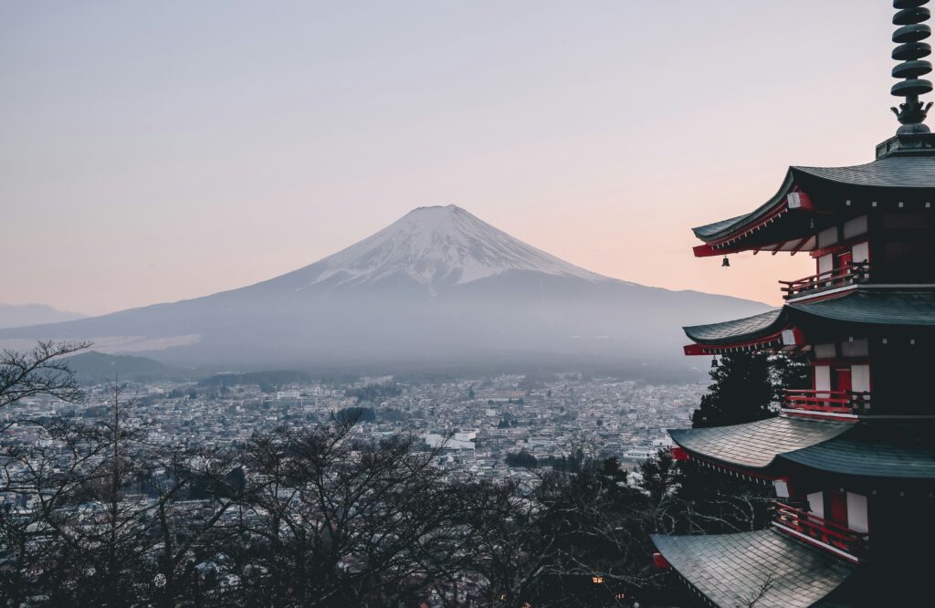 Japan temple overlooking Mount Fuji