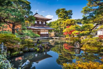 Colorful Japanese Garden in Kyoto with landscaped flowers and trees, a bright blue pond and a traditional tea house in the background