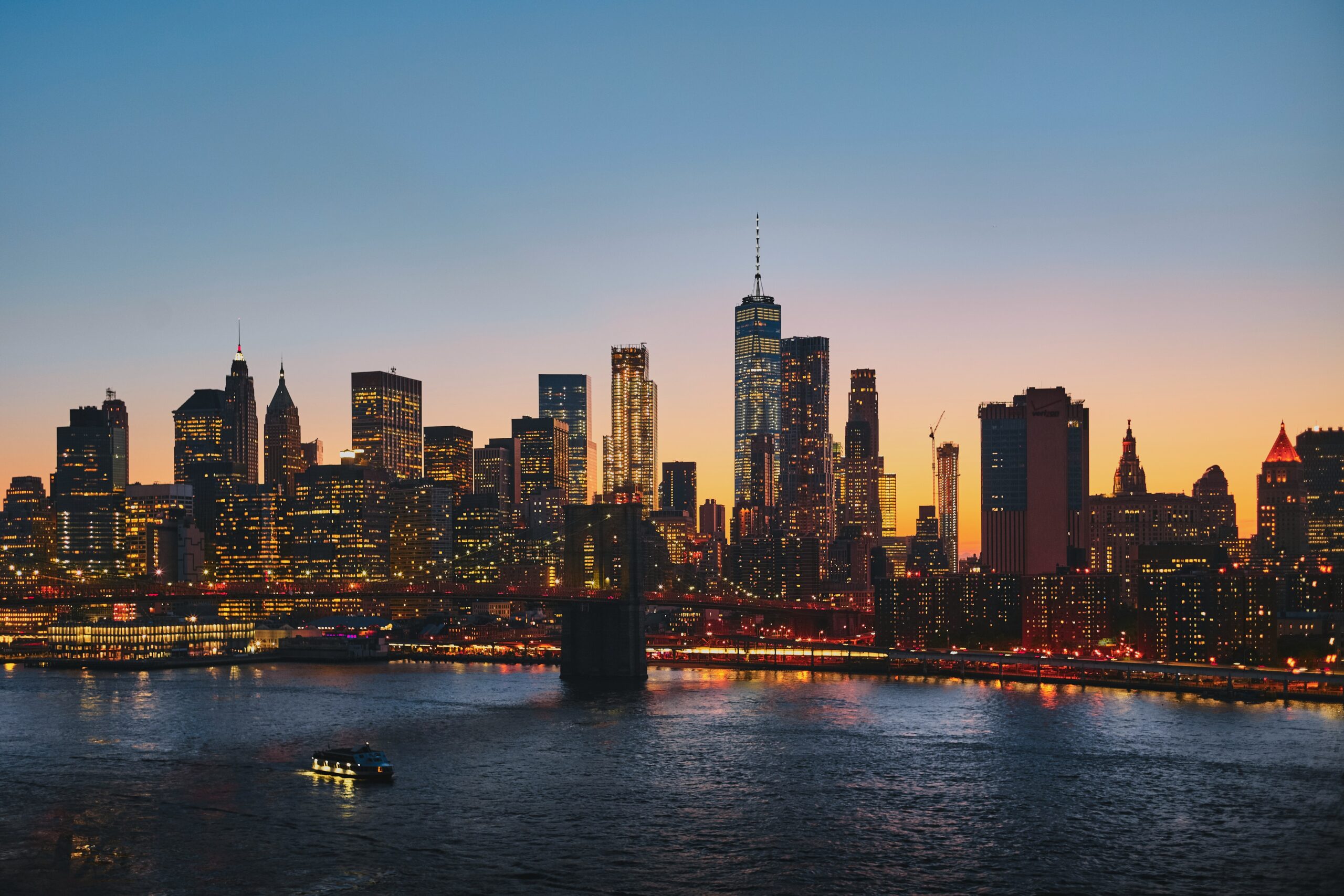 new York city skyline at sunset