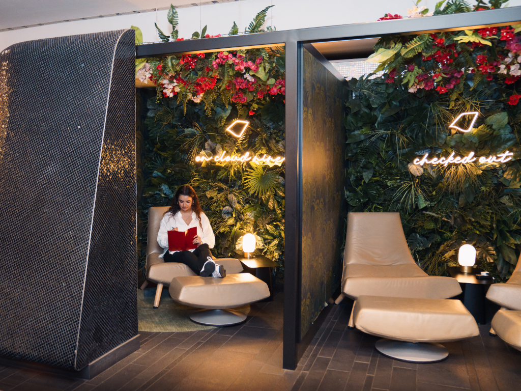 The retreat pods at the Virgin Atlantic Clubhouse