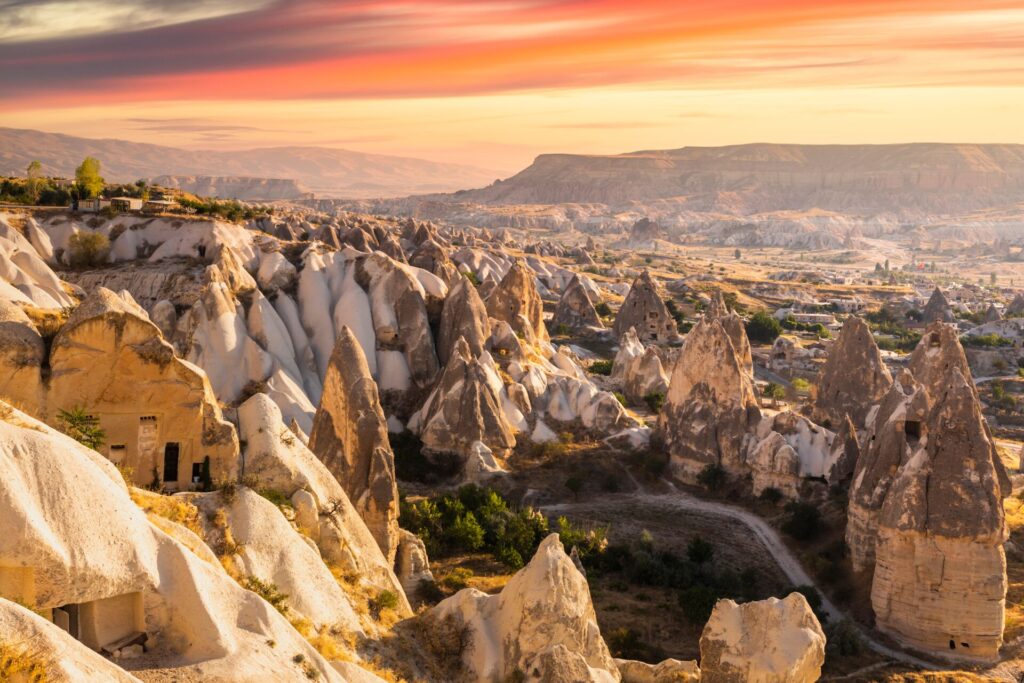 Rocky peaks cover the landscape in Capadoica, Turkey. 