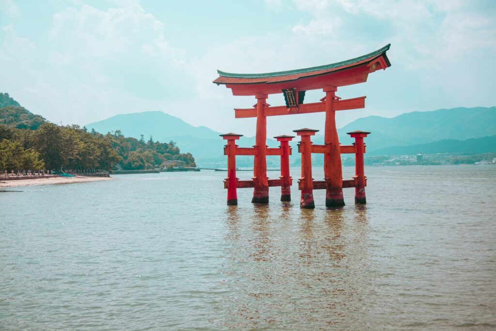 View across the water of Itsukushima Shrine, Miyajima