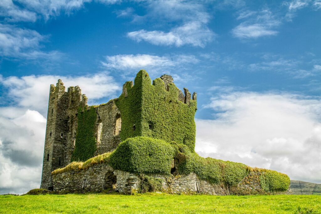 Solitary old castle covered in green ivy 