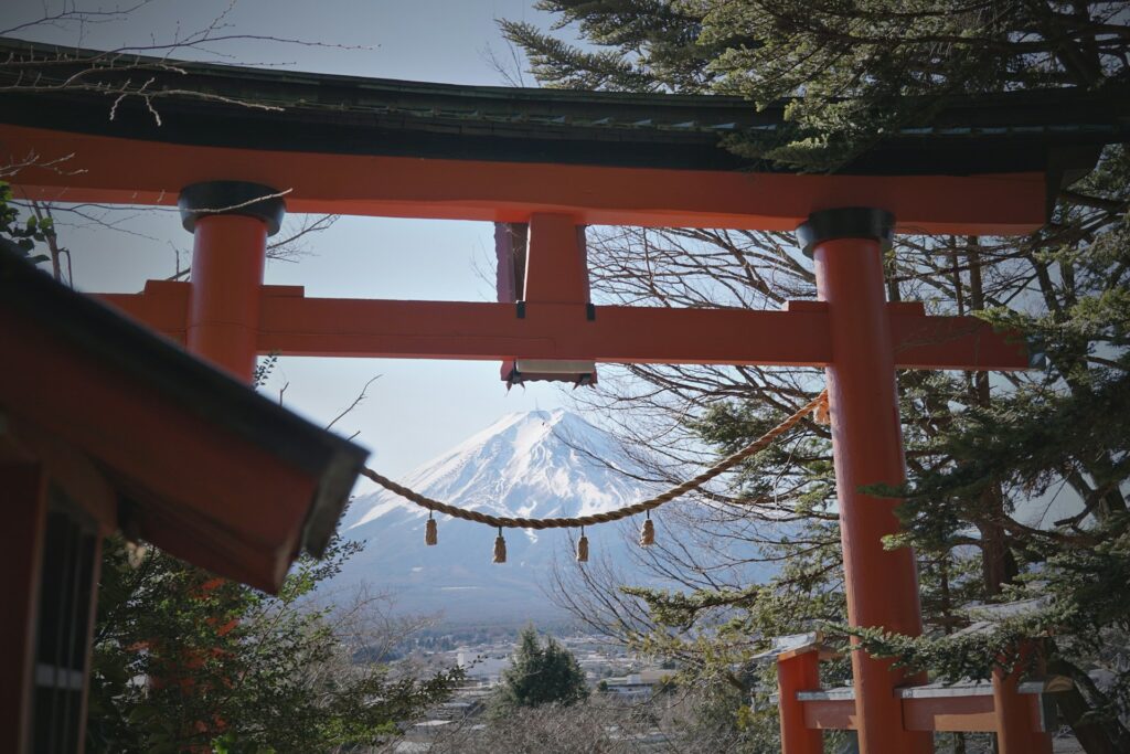 View looking through Arakura Sengen Shrine towards Mt Fuji 