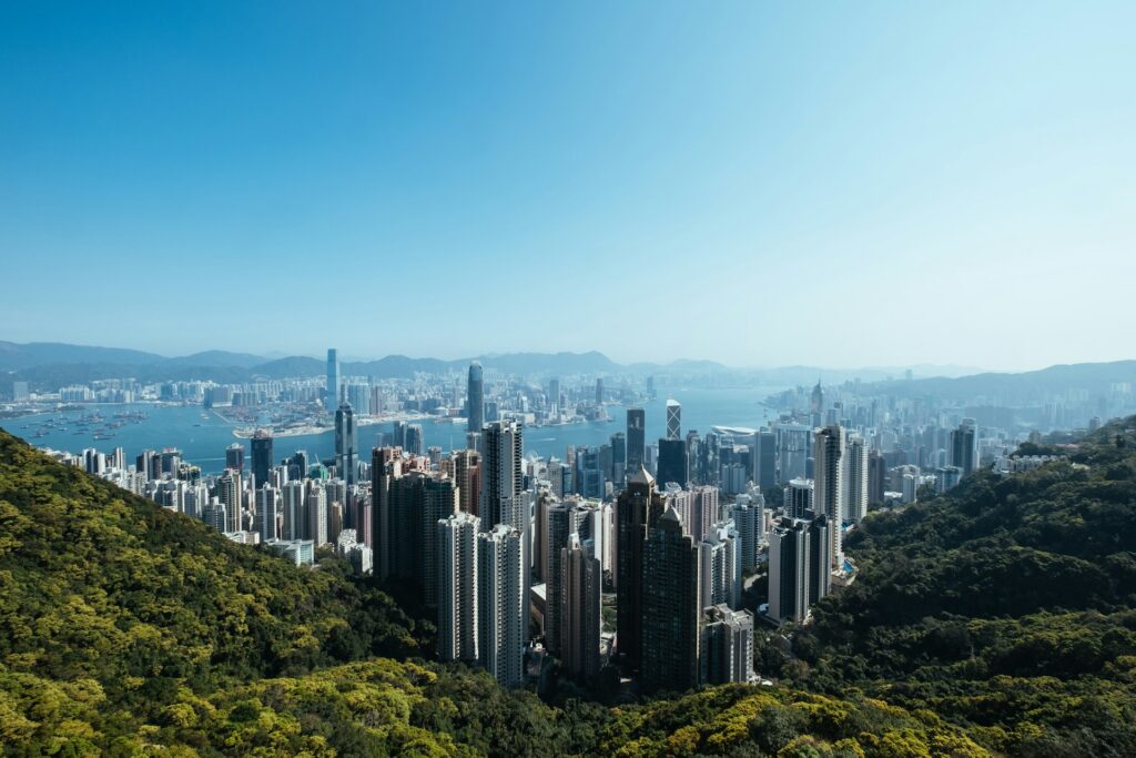 View overlooking a modern city skyline seen from a high viewpoint 