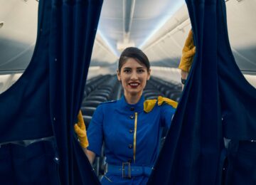Air stewardess closes partition curtains to First Class section