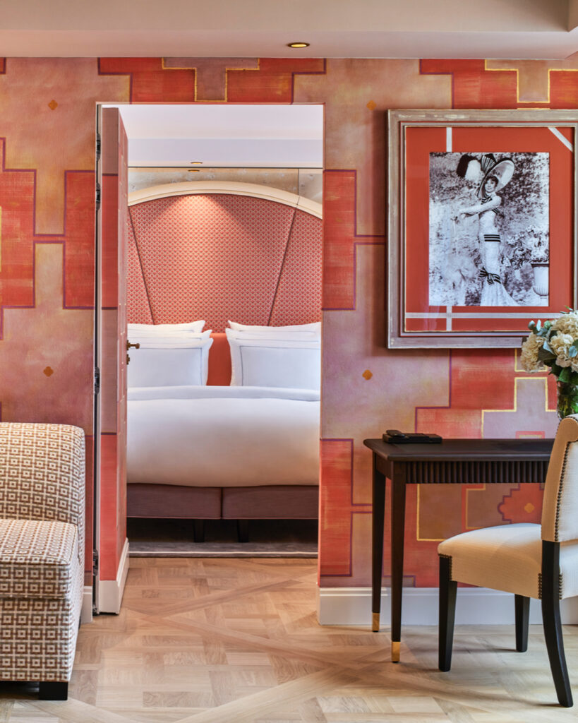 Pink interior of hotel room 