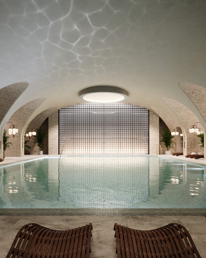 Indoor swimming pool under domed roof 