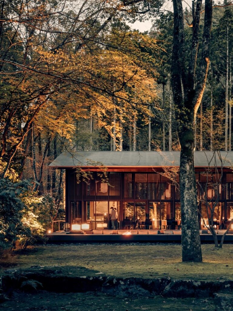 Exterior of cabin-like hotel building, with high glass windows surrounded by woodland