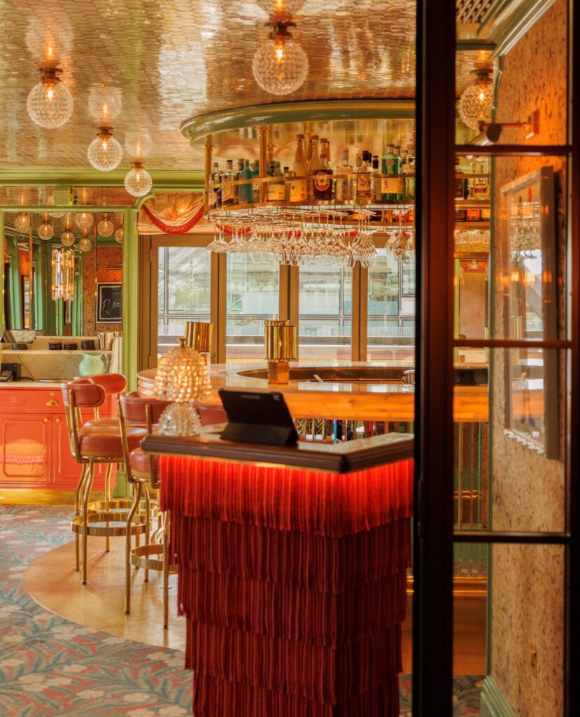 Entrance to a vibrantly decorated hotel bar