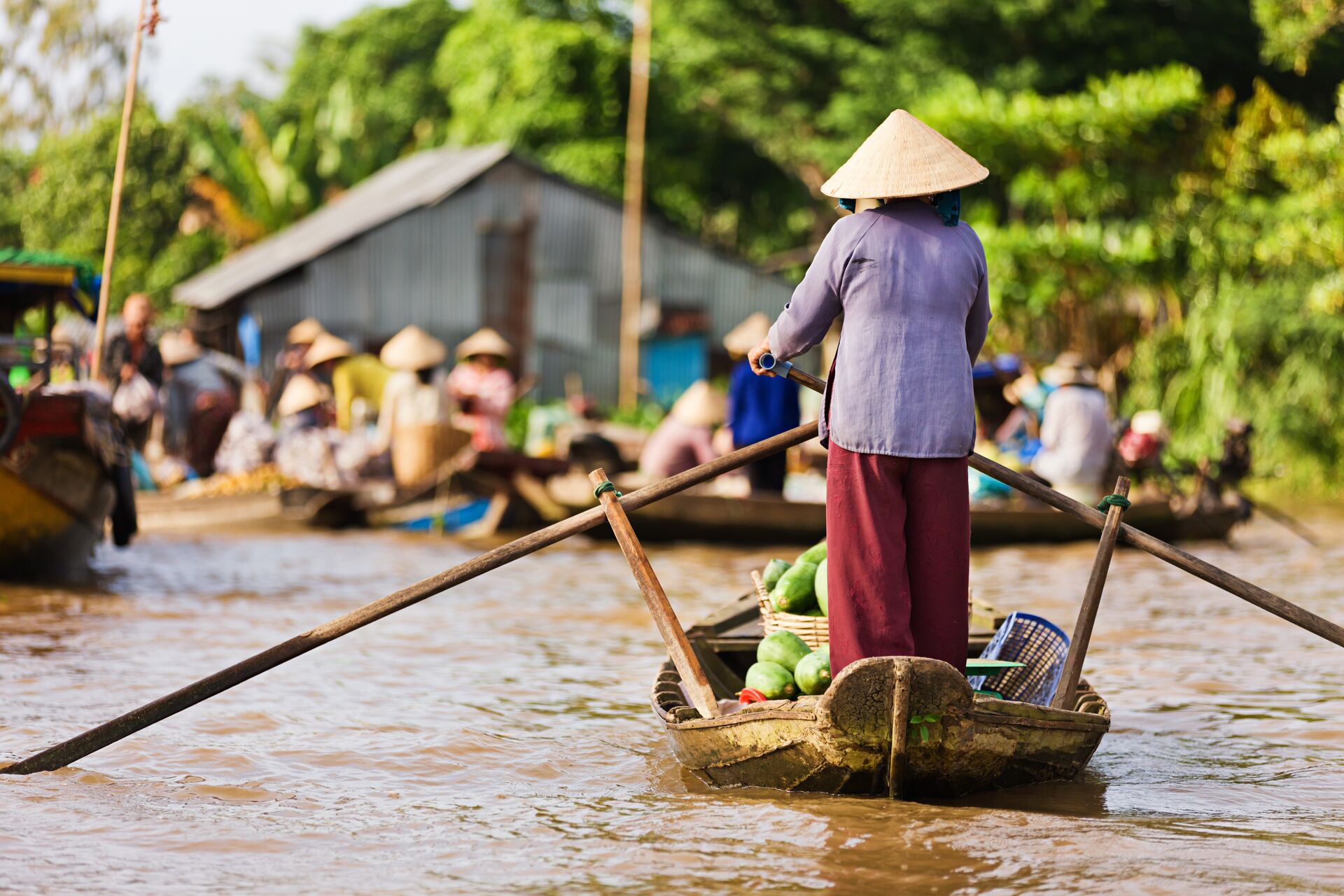Vietnamese woman on a boat during a floating food market on the Mekong River Delta in Vietnam