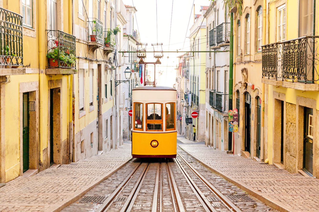A tram in a Portuguese town.
