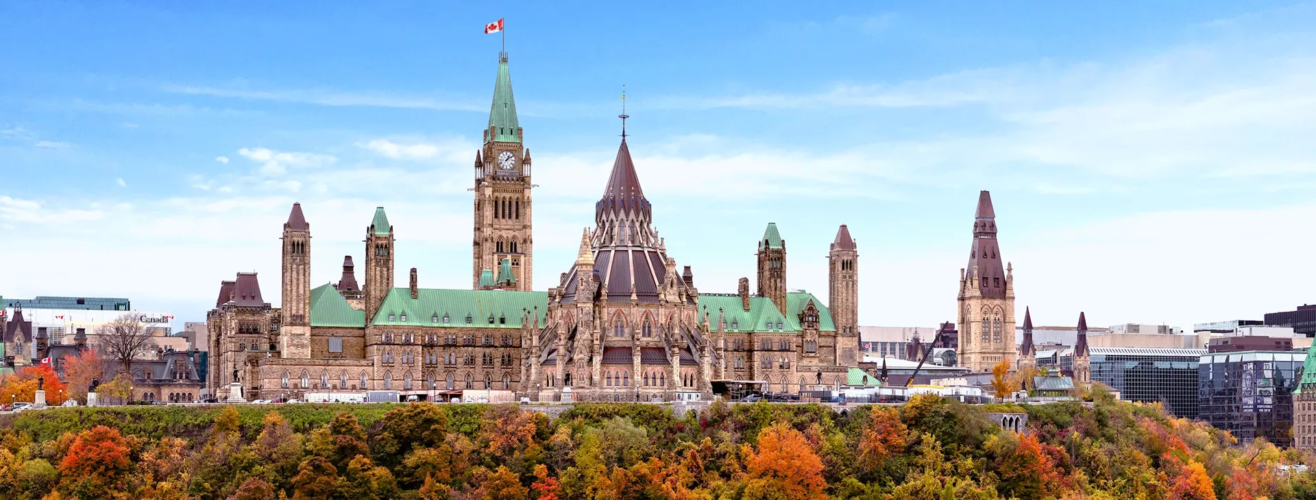 Panorama of Parliament Hill in Ottawa, Canada during Autumn