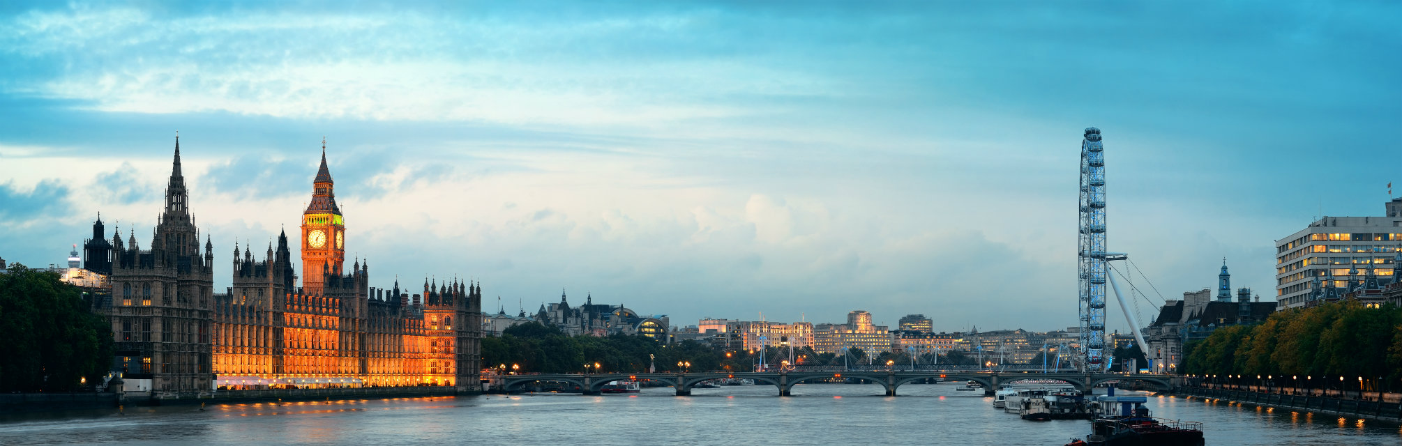Panoramic view of London Eye, River Thames and Big Ben, London, England.