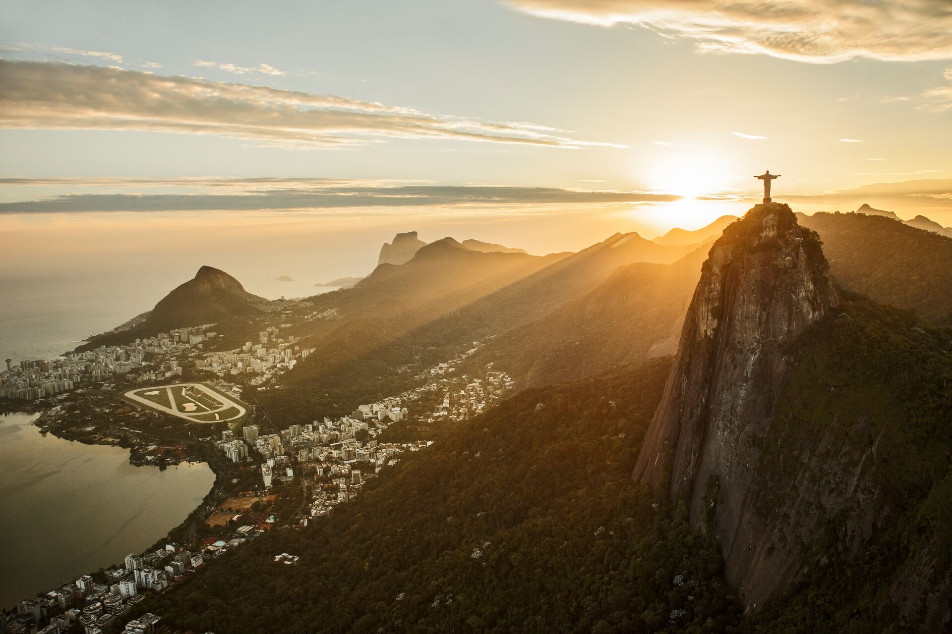 View of Corcovado and Rio De Janeiro at sunset in Rio de Janeiro, Brazil
