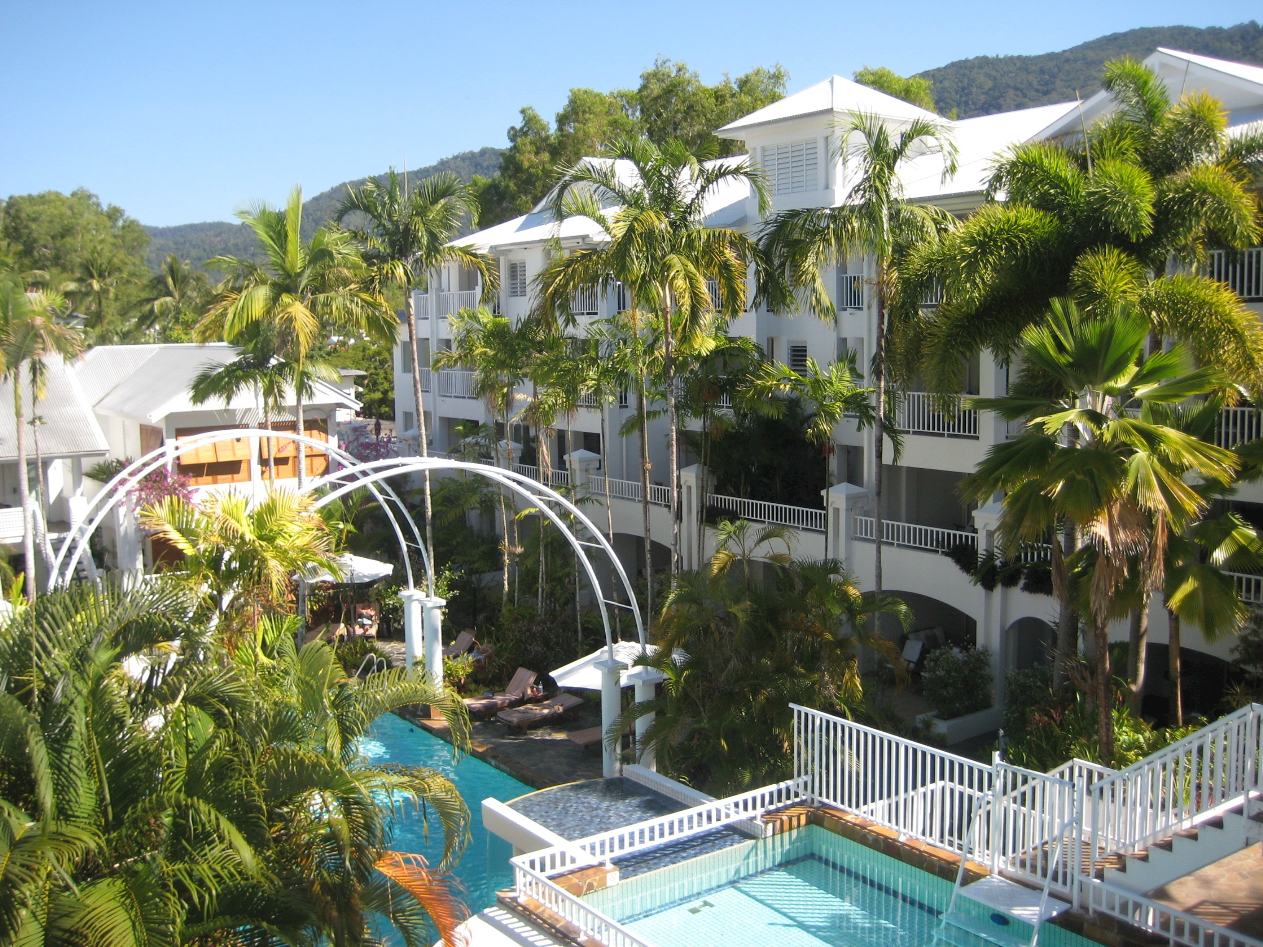 The waterfall pool area at The Reef House Palm Cove in Cairns, Australia