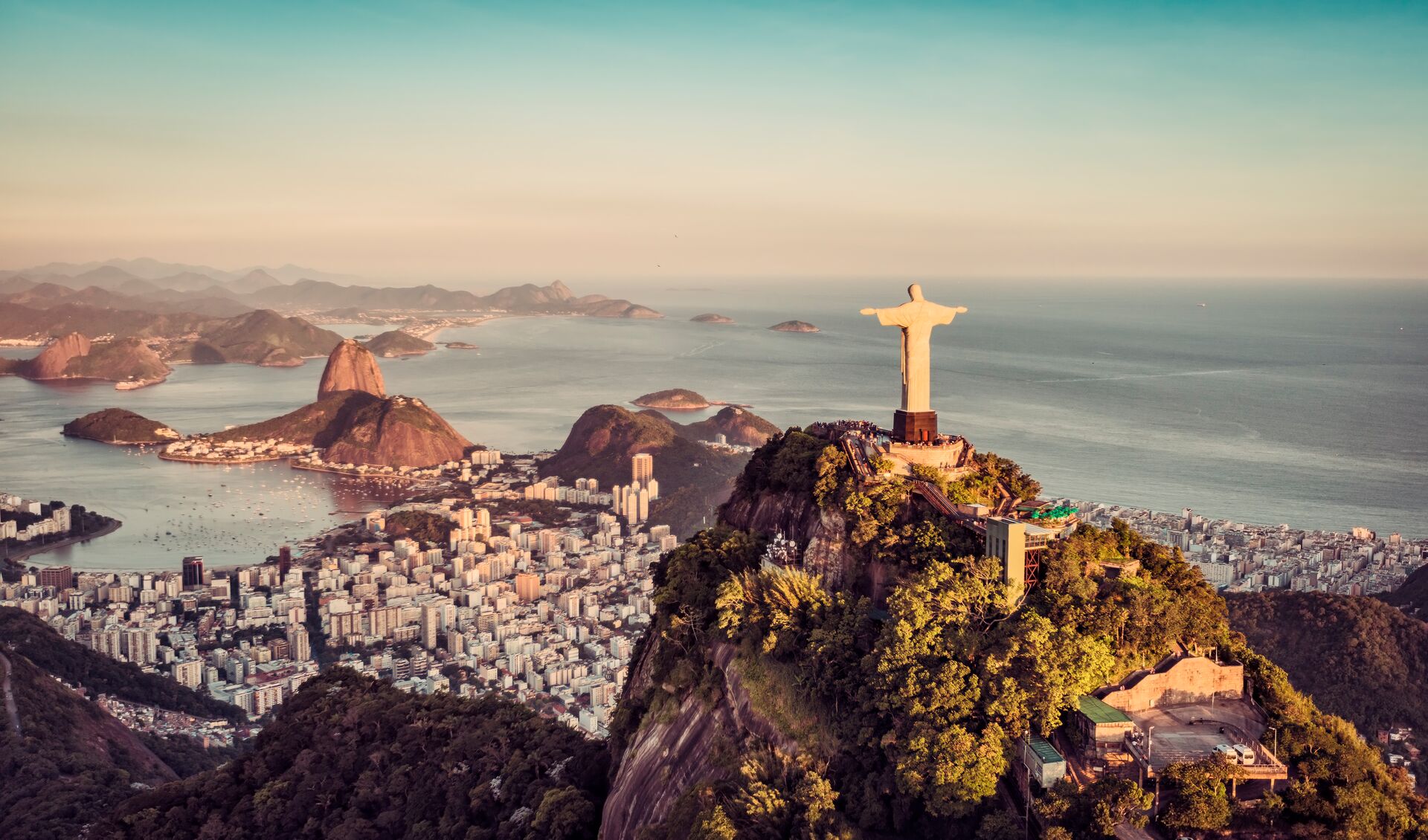 Aerial panorama of Botafogo Bay with Christ the Redeemer in the foreground in Rio De Janeiro, Brazil